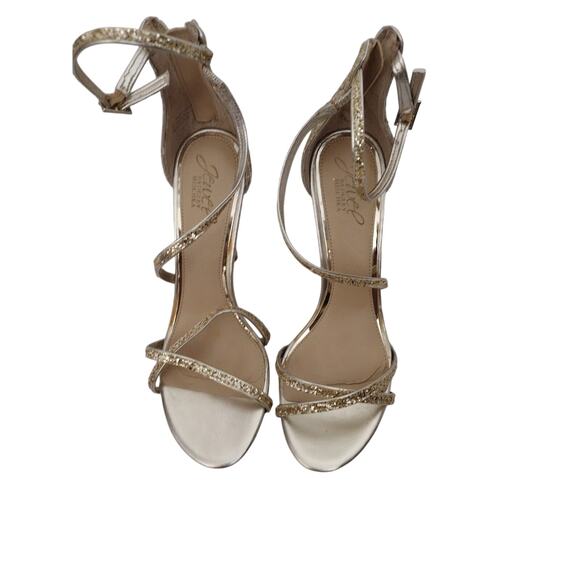 Badgley Mischka Jolene Womens Stiletto Sz 7.5 Gold Metallic Open Toe Strappy NIB - Picture 1 of 9